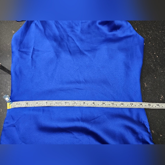 LULU'S Blue Cowl Neck Ruched Mini to Midi Satin Spaghetti Strap Dress. Small - Picture 10 of 11